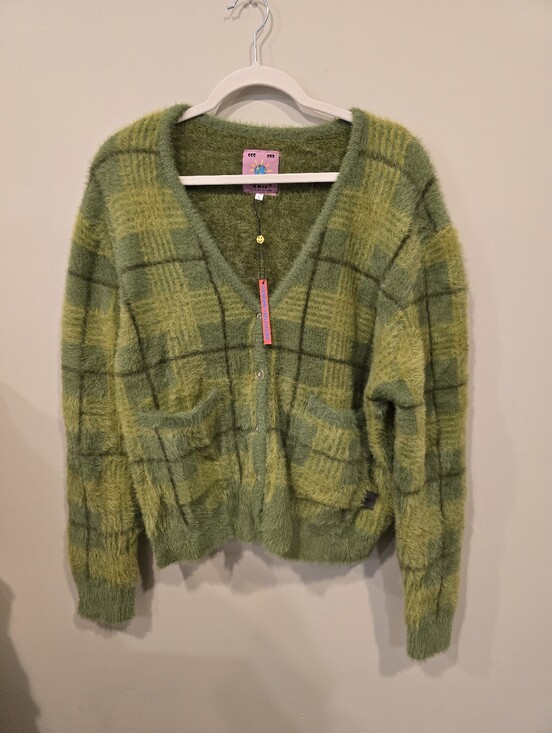 UNIF Sweaters - UNIF Green Plaid V-Neck Fuzzy Cardigan